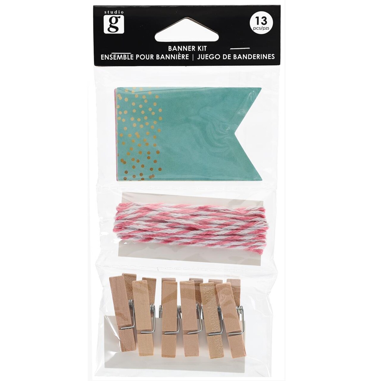 Hampton Art Studio G Banner Kit Assorted, 13 pieces, includes banner pieces, cord and paper clips, each piece is 2 5/8" tall, for home, holiday and party decor